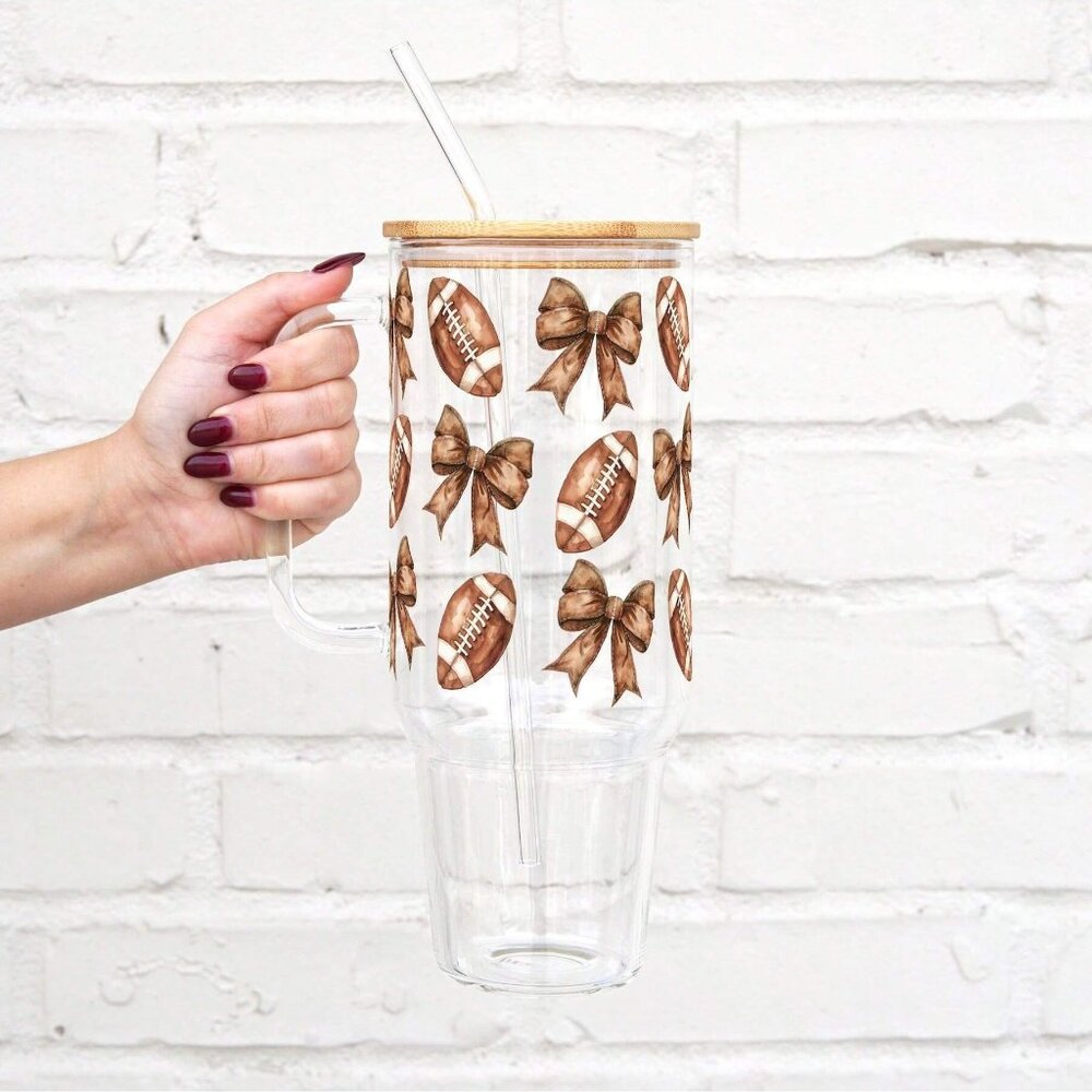 Game Day 40oz Glass Tumbler, Football Bow Glass Tumbler 40oz, Sport Tumbler Gift